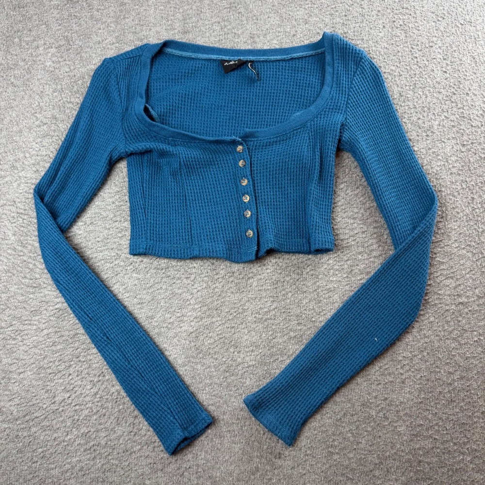 Out From Under Crop Top Women's S Blue Waffle Knit Long Sleeve Button Front